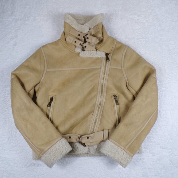 West of Melrose Full Zip Tan Shearling Jacket with Belt Faux Suede Size XS - Picture 3 of 12